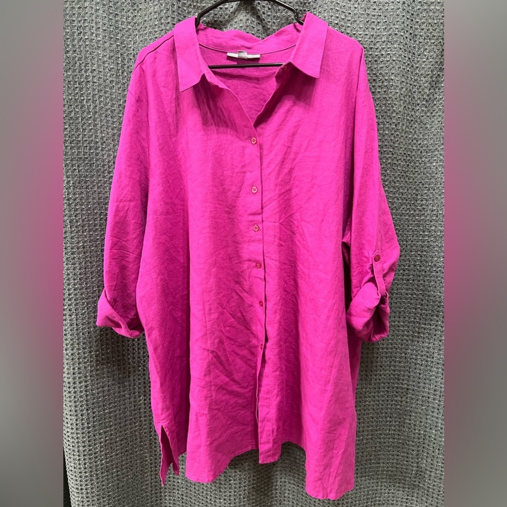 Jessica London Linen Blend Button Down Tunic Top